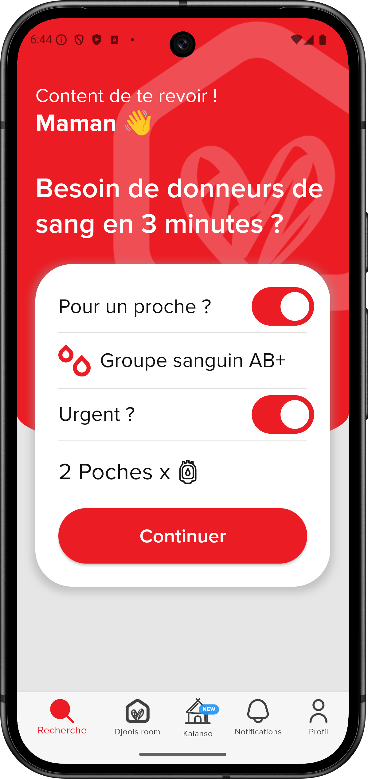 Application Djooli - Interface de don de sang